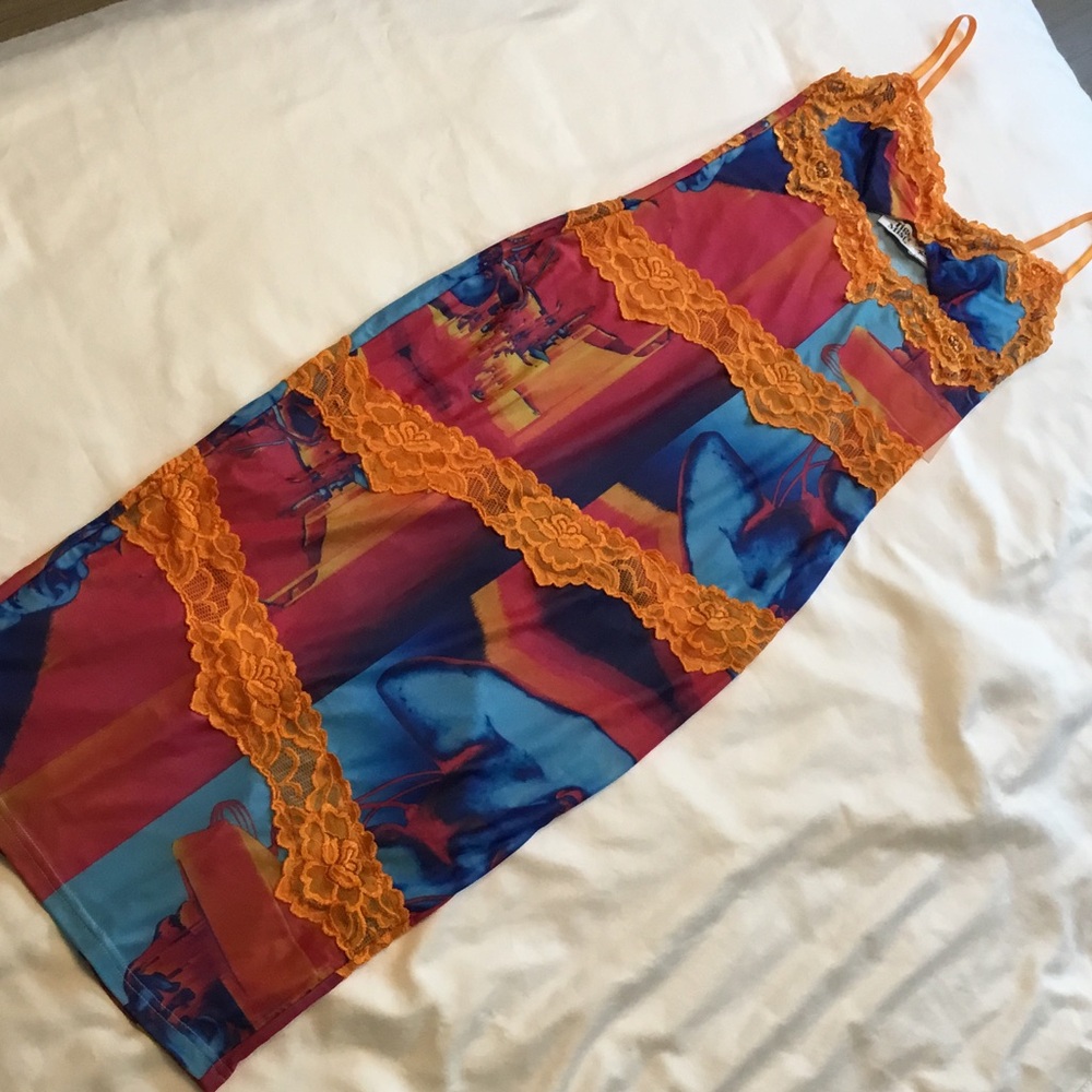 Tiger Mist Vibrant Multicolor Midi Dress with Orange Lace XS - Picture 4 of 6